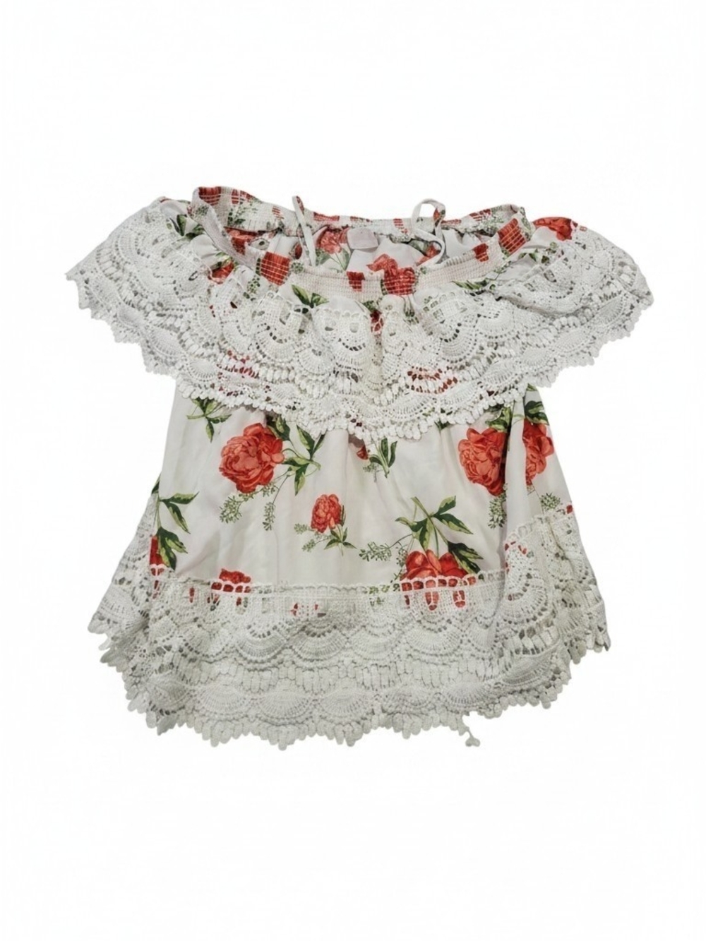 No Boundaries White Off-Shoulder Lace Top with Red Rose Print